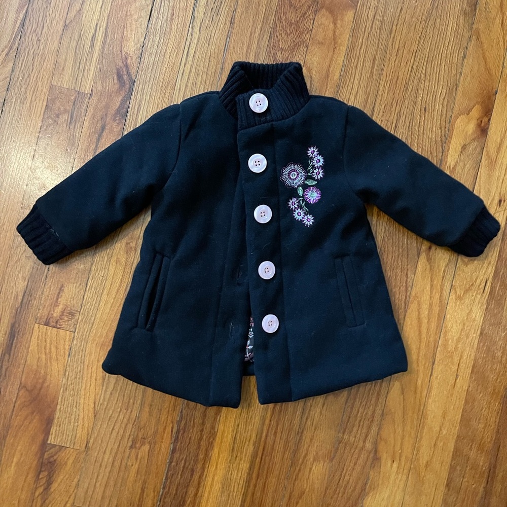 Penelope Mack Black Pea Coat with Pink Floral Embroidery and Buttons